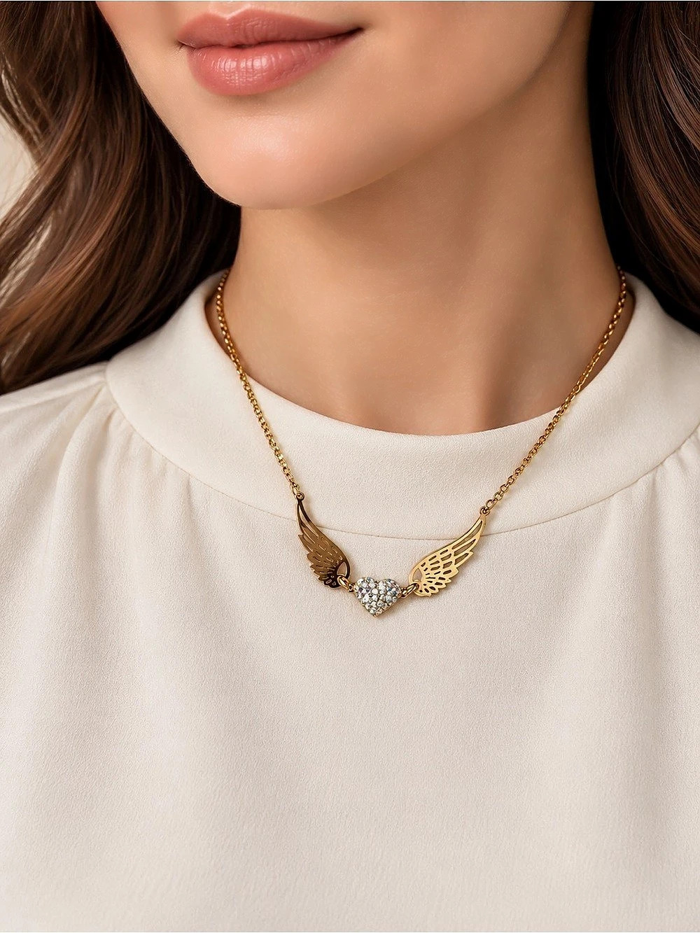 Winged Heart Pendant Necklace in Gold & White steel 316L